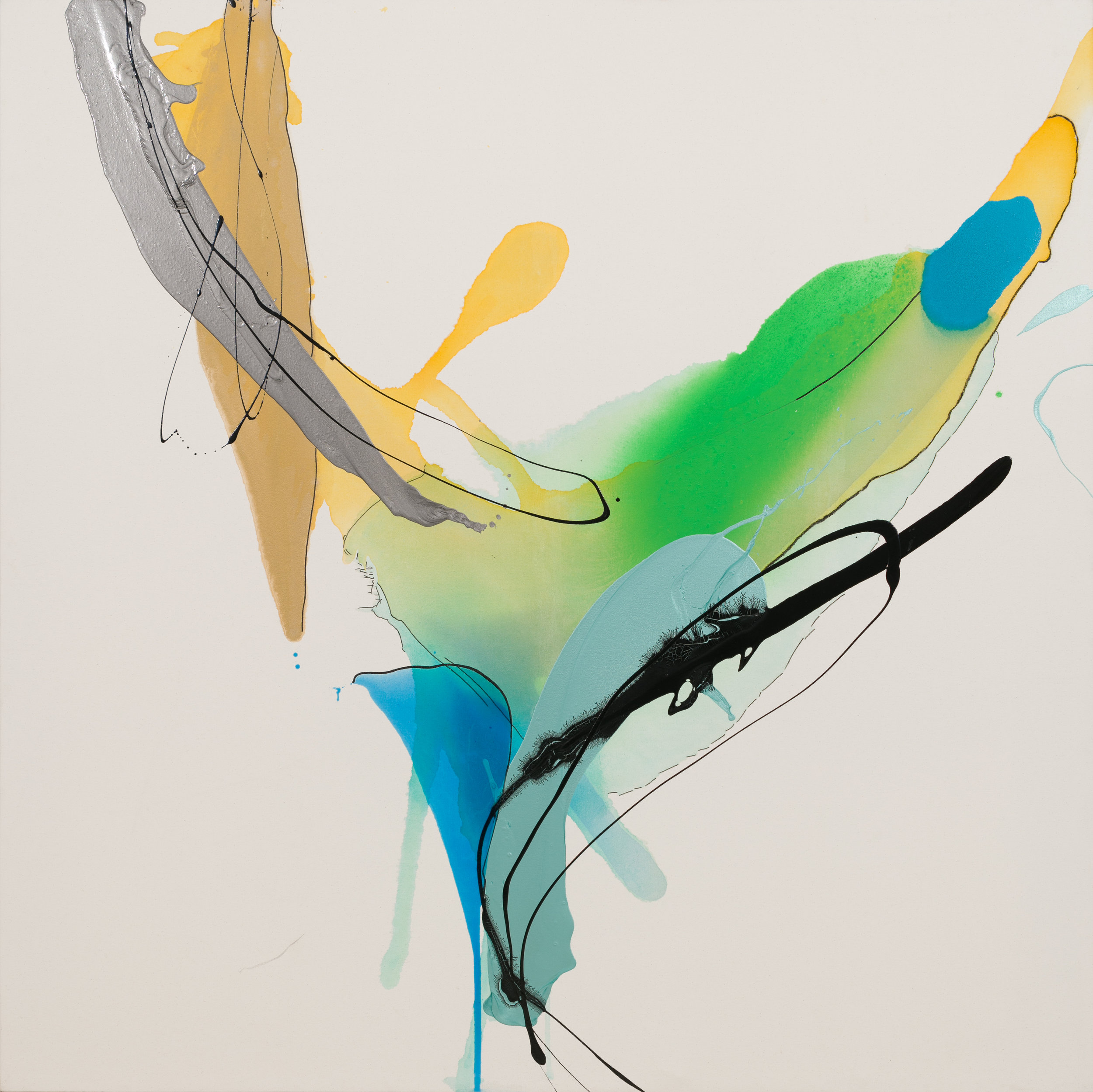 Stillness Seeping , 2013 72 x 72 x 3” Acrylic, enamel, pastel, charcoal and marker on raw canvas