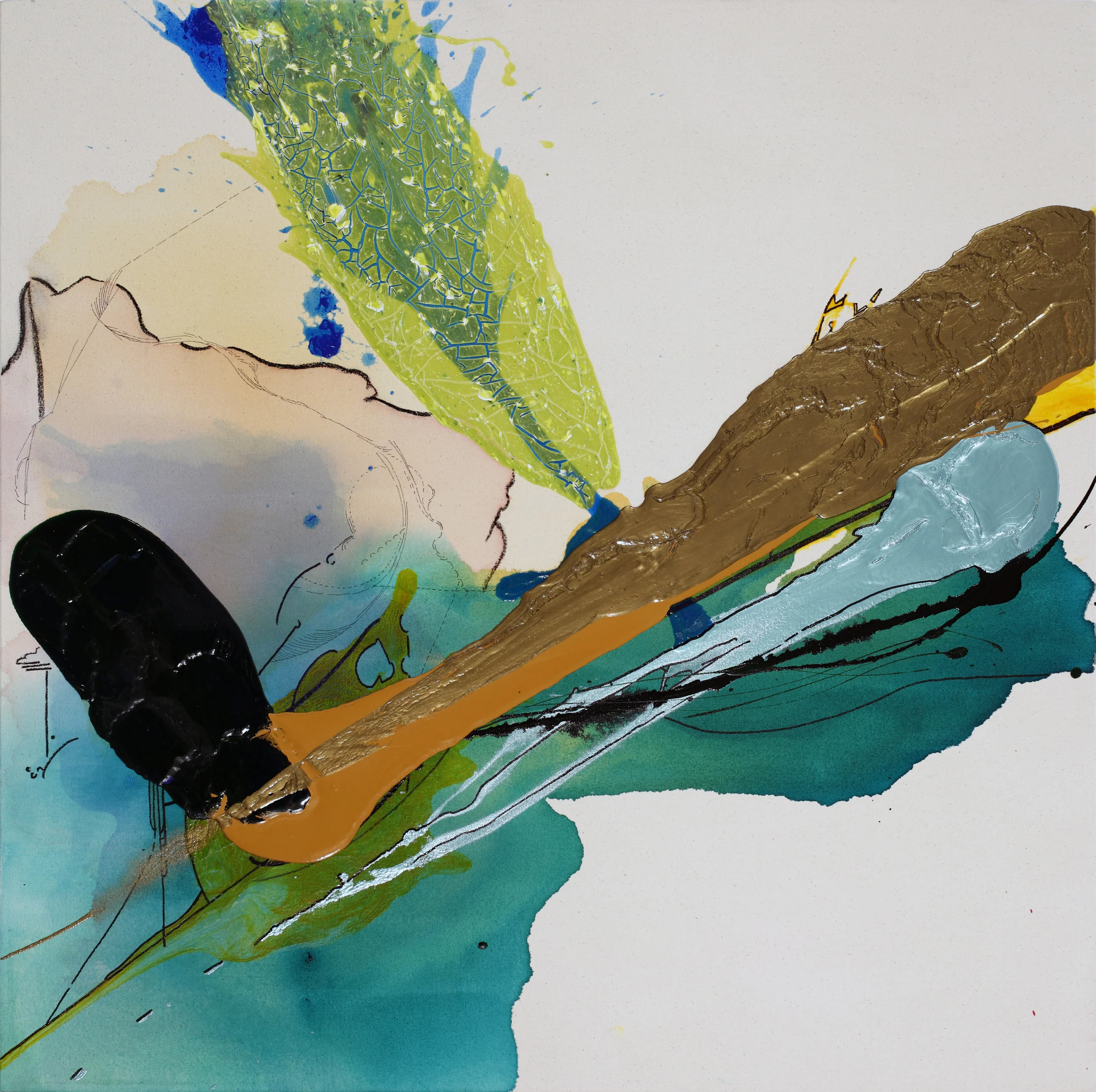 Floating Outside Myself , 2011 - SOLD 36 x 36 x 3” Acrylic, enamel and ink on raw canvas