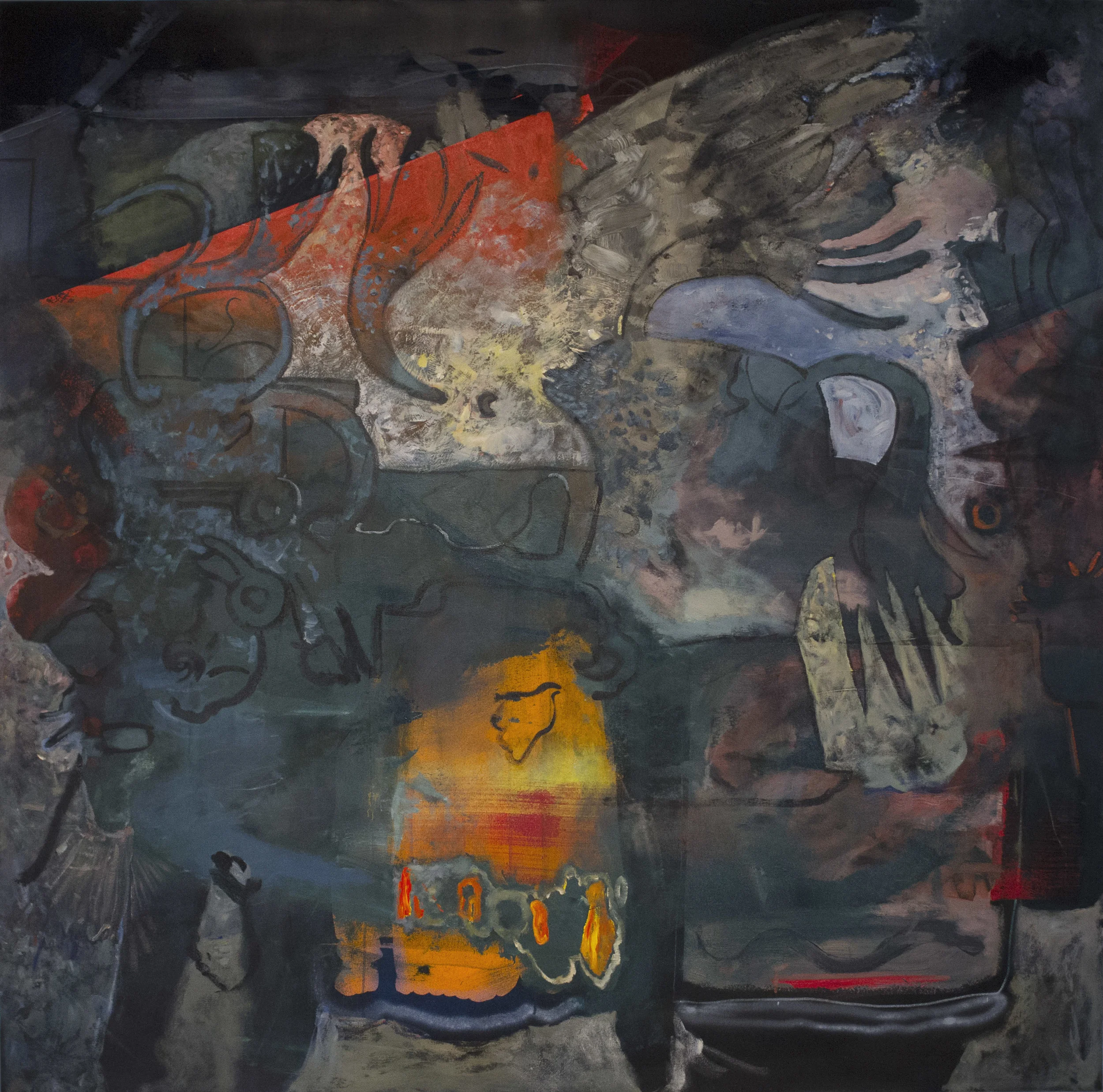 The Last Quetzalhuitzilin In My Mind Mixed media, acrylic pigment on canvas 72" x 72" 2017