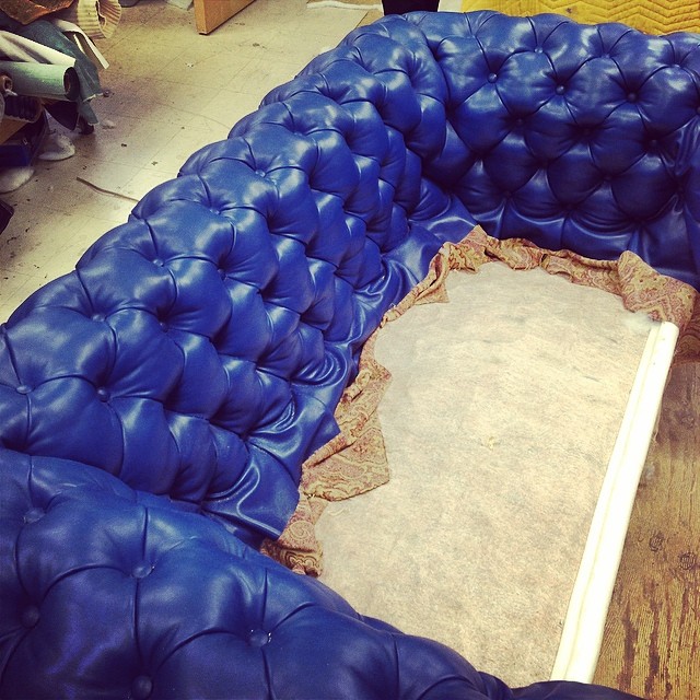 Working hard on this custom chesterfield sofa, leather skins hand picked one by one, sofa made in Brooklyn.