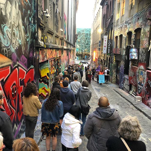In a queue in Hosier Lane, for the Cat Empire concert, with added musical accompaniment of Climate change protest...as Awwe Melbourne you&rsquo;ve done it again!! 😍