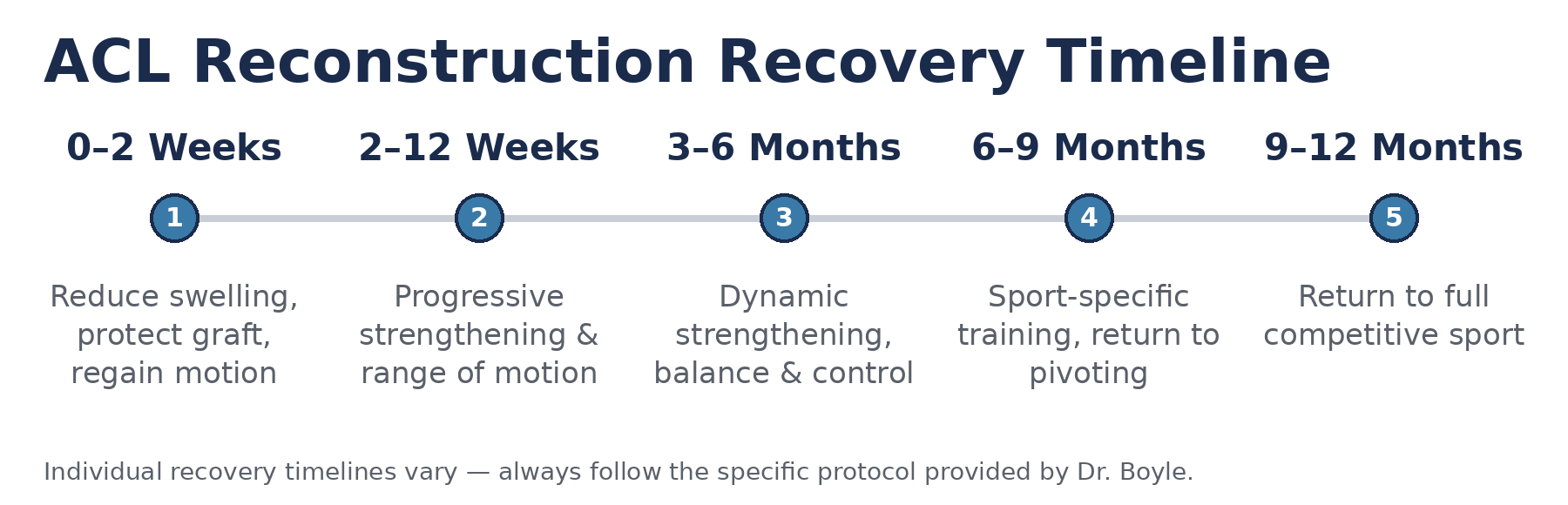 Timeline showing recovery stages after ACL reconstruction, from initial rehabilitation through return to competitive sport
