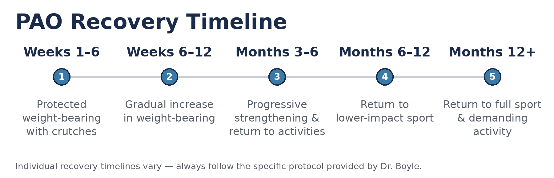 Timeline showing recovery stages after periacetabular osteotomy, from initial crutch use through return to sport