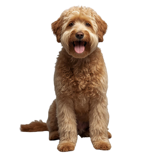 A fluffy golden-colored dog with a happy expression sitting on a black background.