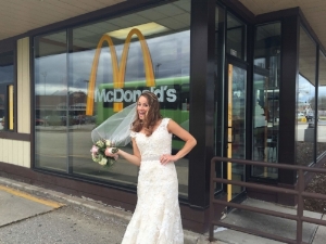 Stopping at the Golden Arches to pre-order cheeseburgers for a late-night, post-wedding snack on the wedding shuttle!