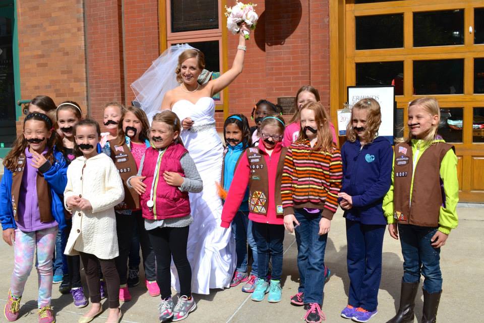   Scouts photo bombing a bride (and Girl Scout alumna herself) during a Milwaukee Photo Walk in the Historic Third Ward.  