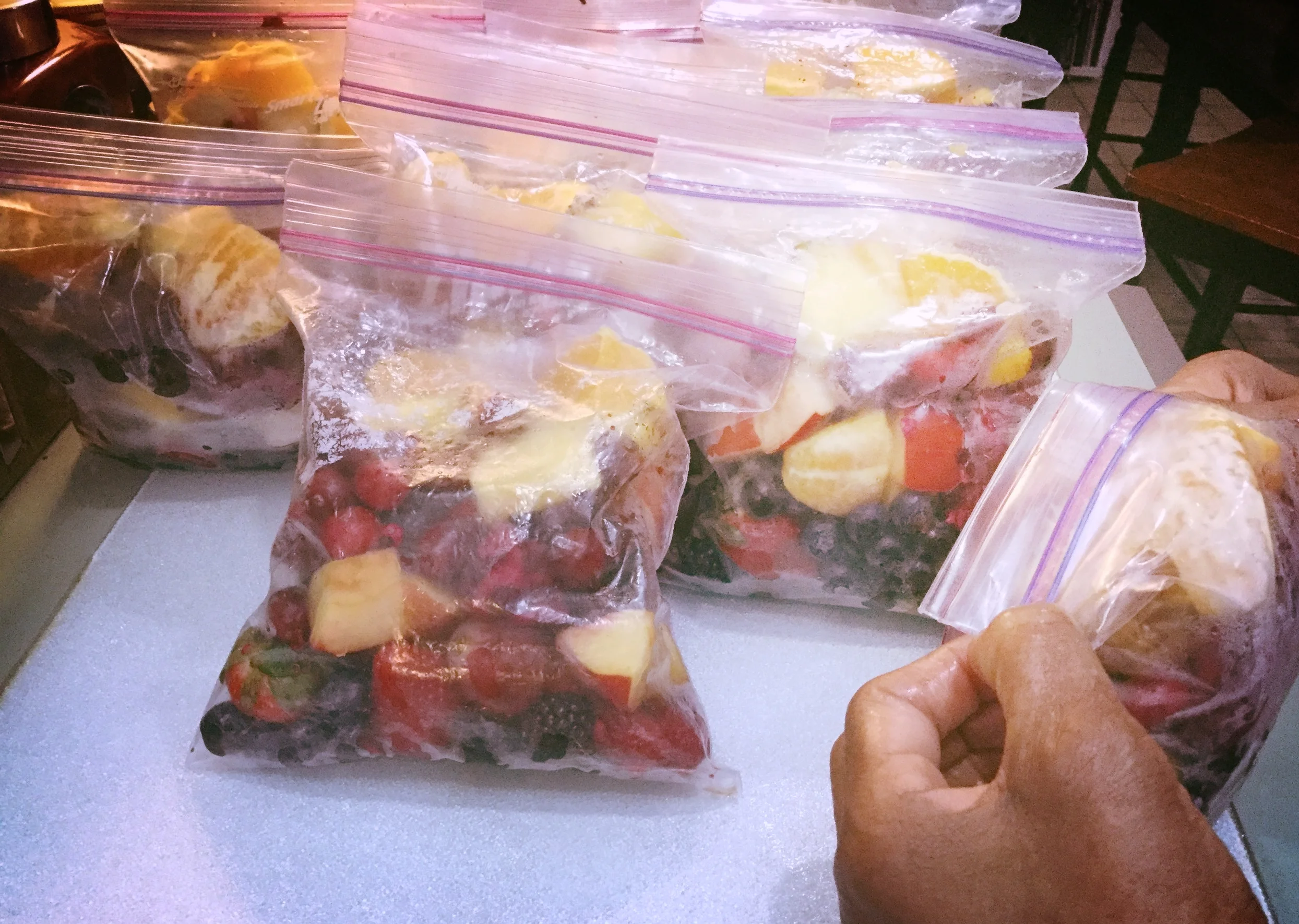 Grannie portions, bags and freezes the fruit then just a quick blend for easy drink & go