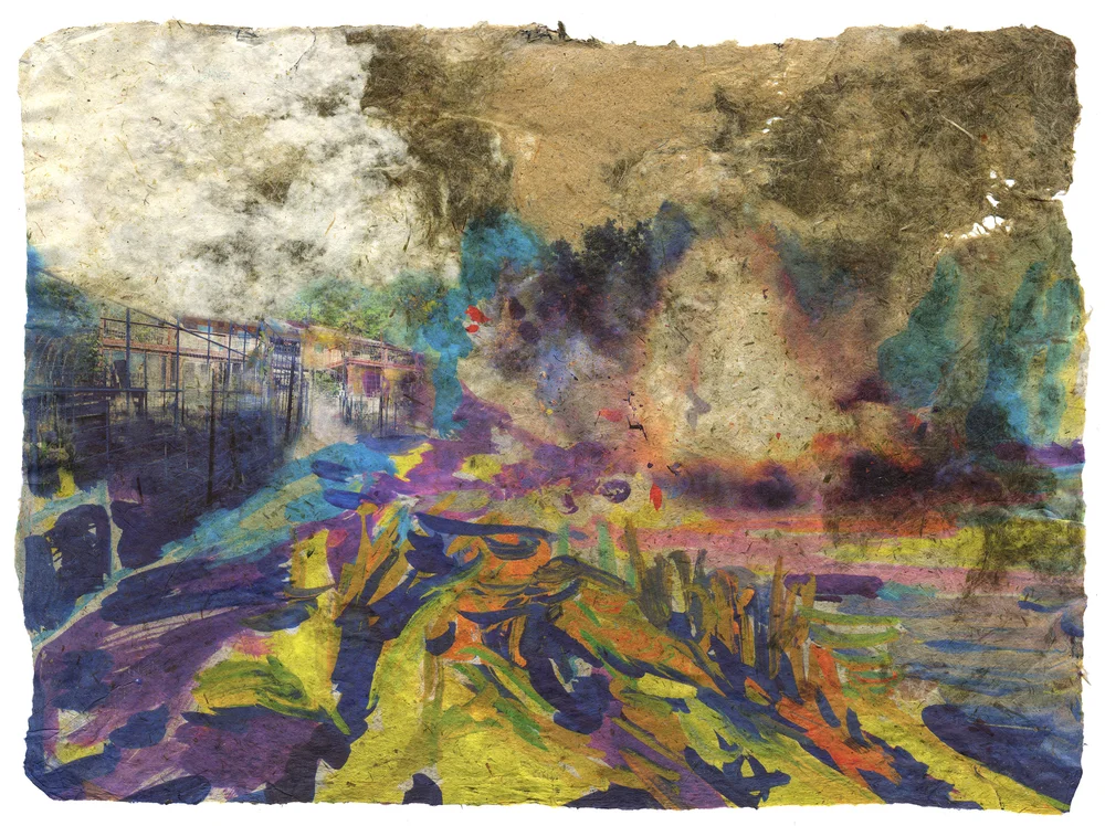 Yard Explosion, 2017, Pigment print on handmade paper (cotton, daylily, bamboo, hosta, and yucca), 17 1/2 x 23 3/4 inches