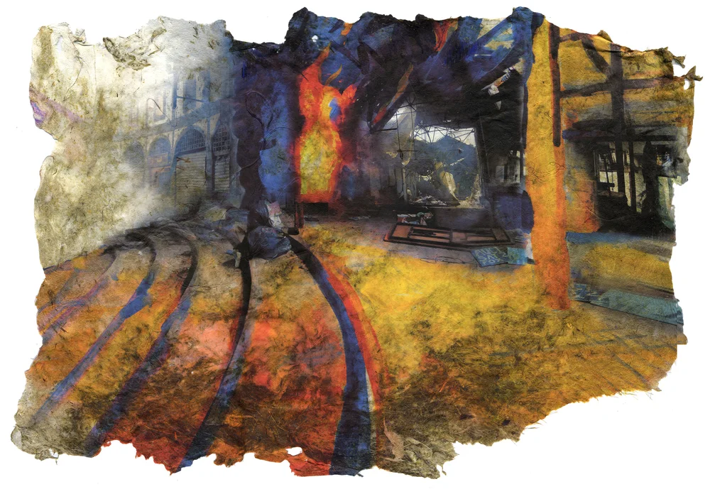 Convention Fire, 2017, Pigment print on handmade paper (cotton, daylily, hosta, bamboo, and yucca), 15 1/2 x 21 inches