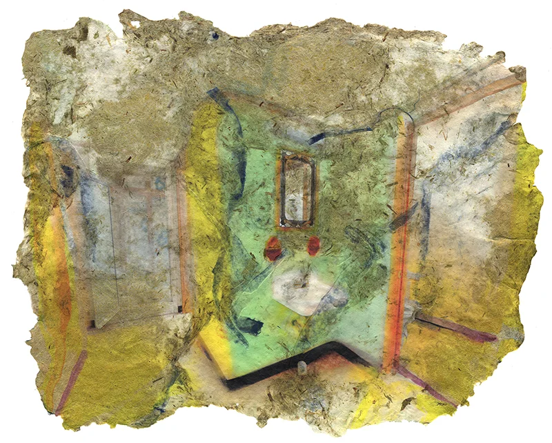 Dorm Bathroom, 2017, Pigment print on handmade paper (cotton, bamboo, yucca, daylily and indigo dyed cloth), 17 x 21 inches