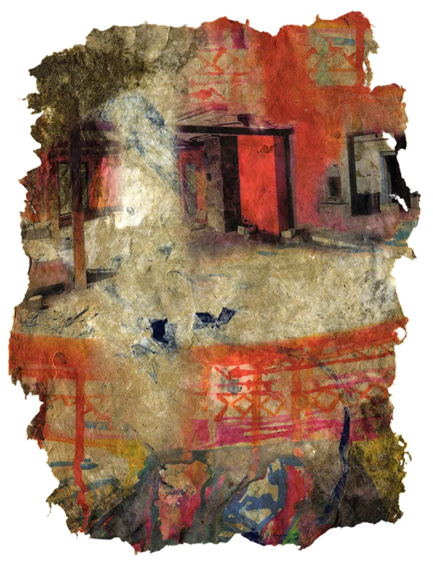 We Are Not Ok, 2017, Pigment print on handmade paper (cotton, daylily, bamboo, hosta, yucca, and indigo dyed cloth), 21 x 16 inches