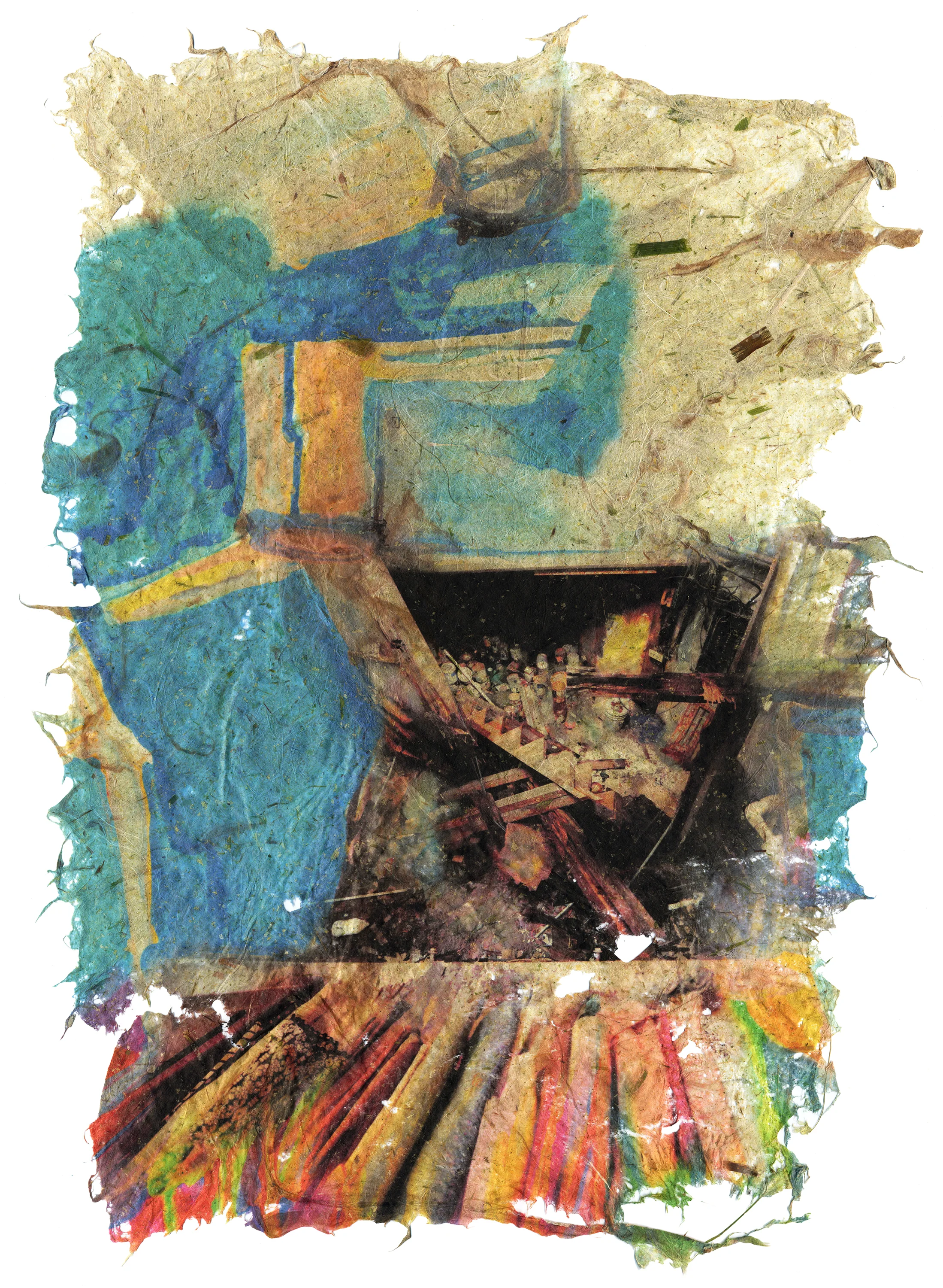 In An Emergency, 2017, Pigment print on handmade paper (kozo, hosta, yucca, bamboo, daylily, and brown cotton), 19 x 13 inches