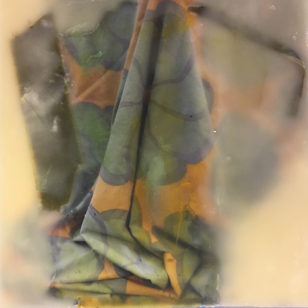  Encaustic photograph, cloth, and oil paint on wood 