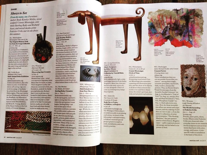  My work "With Their Own Hands" in the upper right in June/July 2018 issue of American Craft accompanying information about the Delta opening at the Arkansas Arts Center. 