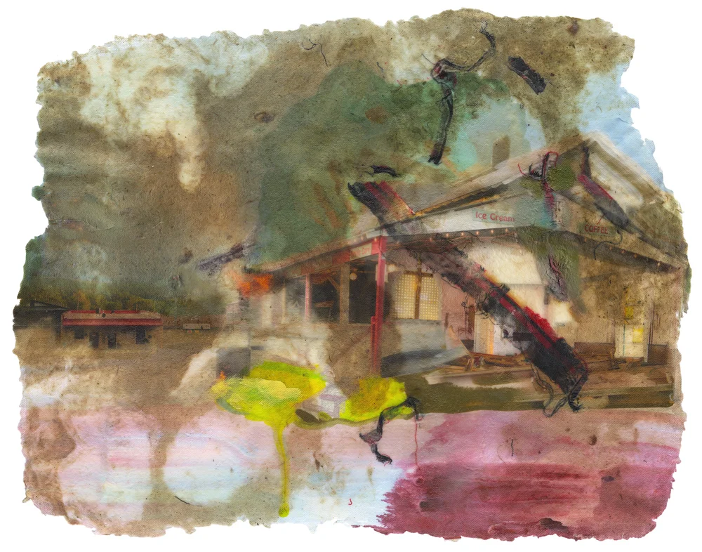 Mom's Shirt & Heartache, 2019, Pigment print on handmade paper (cotton, mulberry, hibiscus, medicinal herbs, and plaid cotton shirt fabric), encaustic, and gouache paint, 28 1/2x 22 inches
