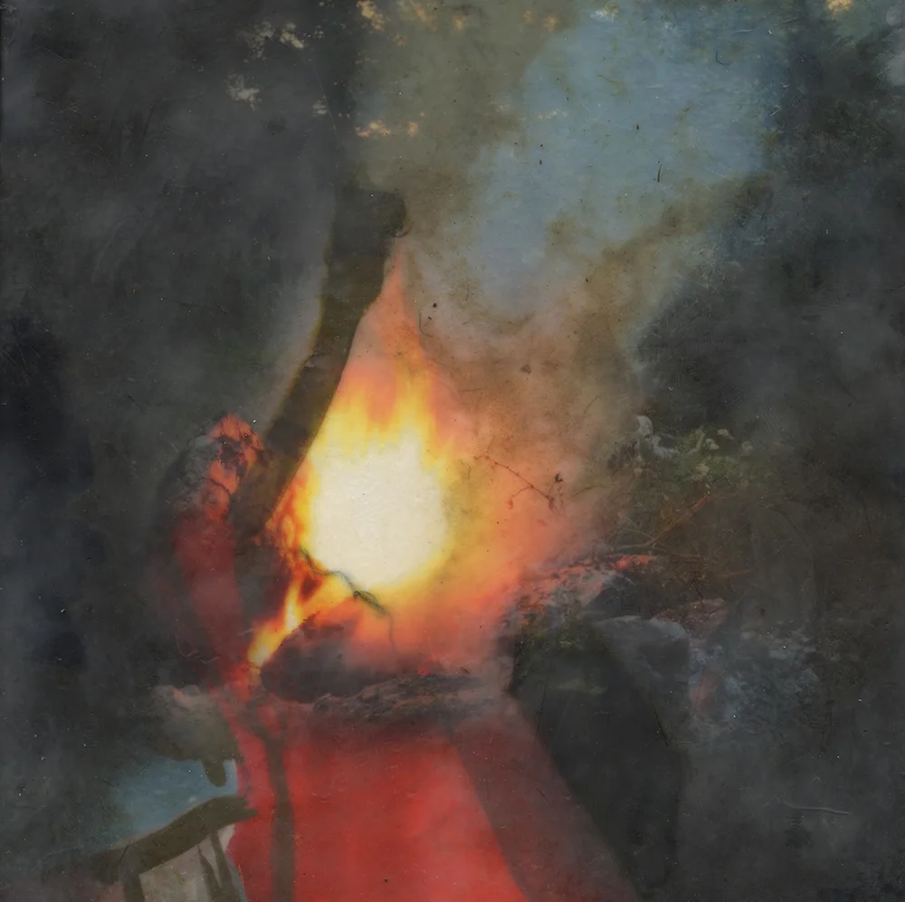 Ashwagandha (Fire), 2018, Pigment print on handmade paper, oil paint, and encaustic on board, 12 x 12 inches