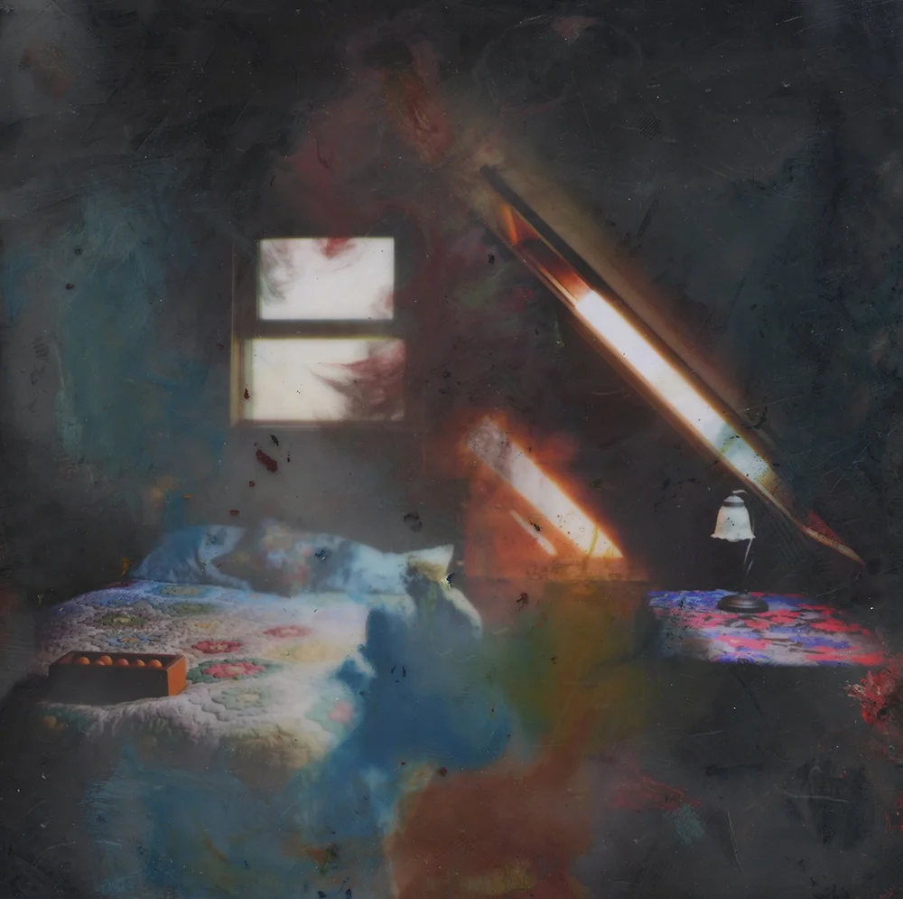 Skullcap (Bed), 2018, Pigment print, oil paint, and encaustic on board, 12 x 12 inches