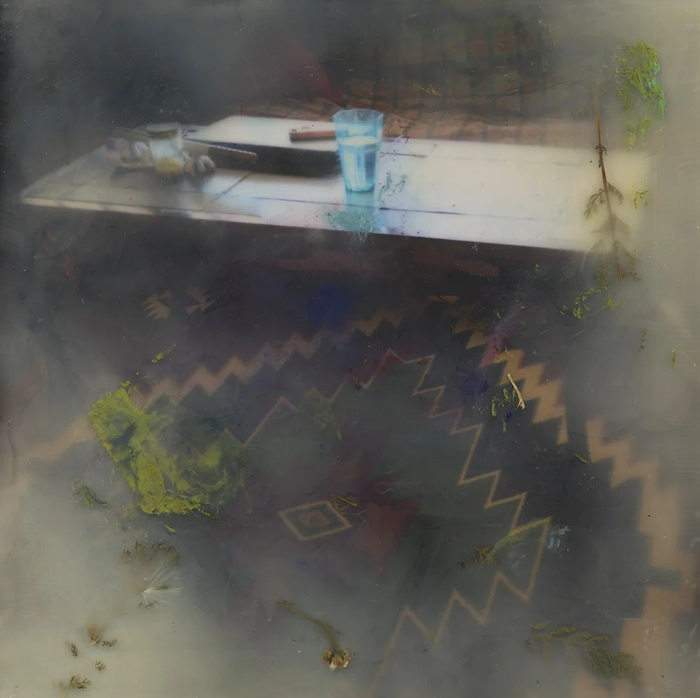 Yarrow (Cup), 2018, Pigment print, oil paint, encaustic, yarrow and artemsia on board , 12 x 12 inches