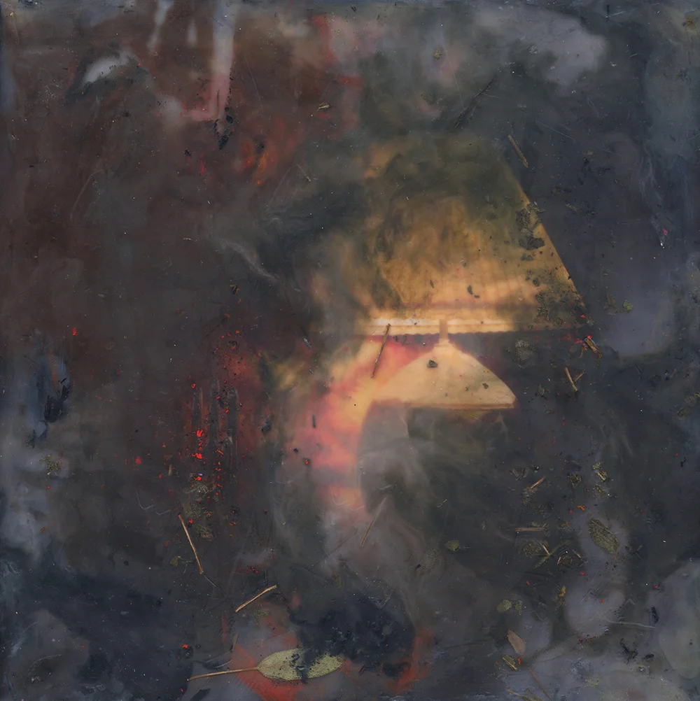 Sage (Lamp), 2018, Pigment print, oil paint, encaustic, and sage on board , 12 x 12 inches