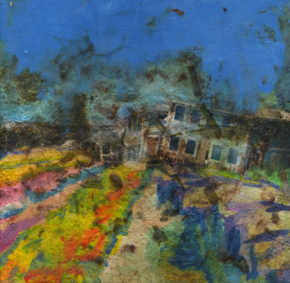 Cohosh (broken houses), 2019, Pigment print on handmade paper, oil paint, and encaustic on board, 12 x 12 inches