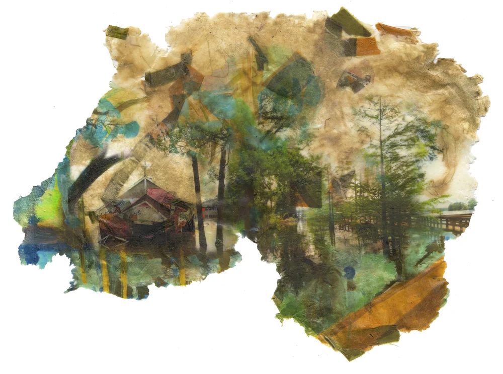 Seeking Faith, 2019, Pigment print on handmade paper (cotton, mulberry, hibiscus, medicinal herbs, and cotton fabric) and encaustic, 24 1/2 x 18