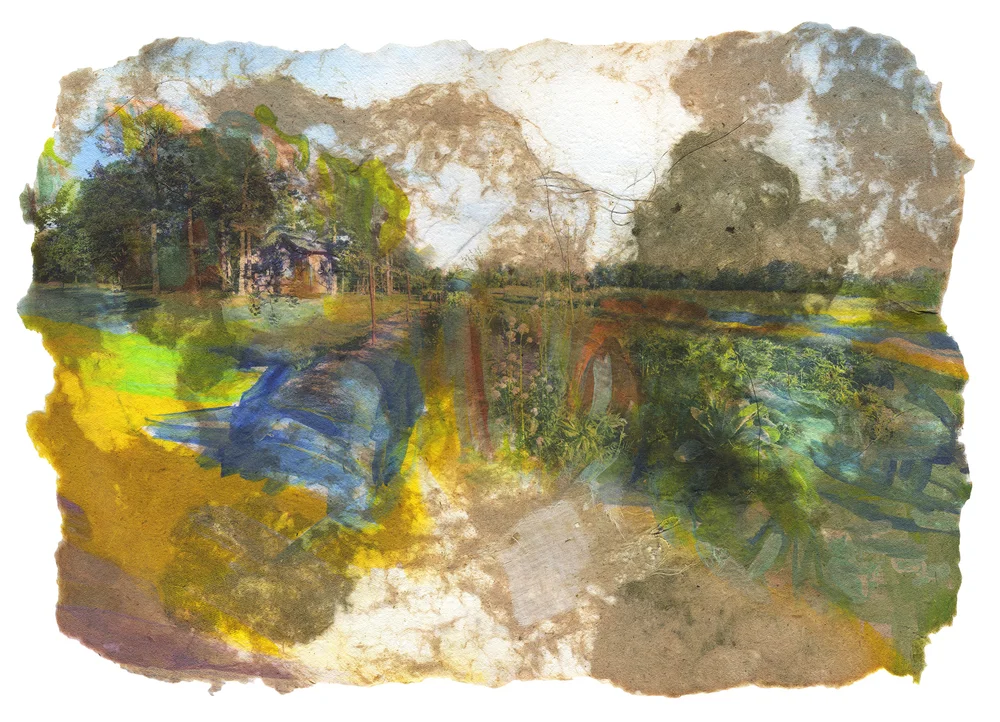 Where Medicine Grows, 2019, Pigment print on handmade paper (cotton, mulberry, hibiscus, medicinal herbs, antique lace and cotton fabric), 23 x 16 inches