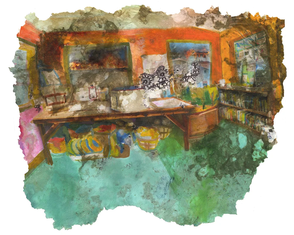 In Search of a Cure, 2019, Pigment print on handmade paper (cotton, mulberry, hibiscus, medicinal herbs, antique lace and cotton fabric), 46 x 36 inches