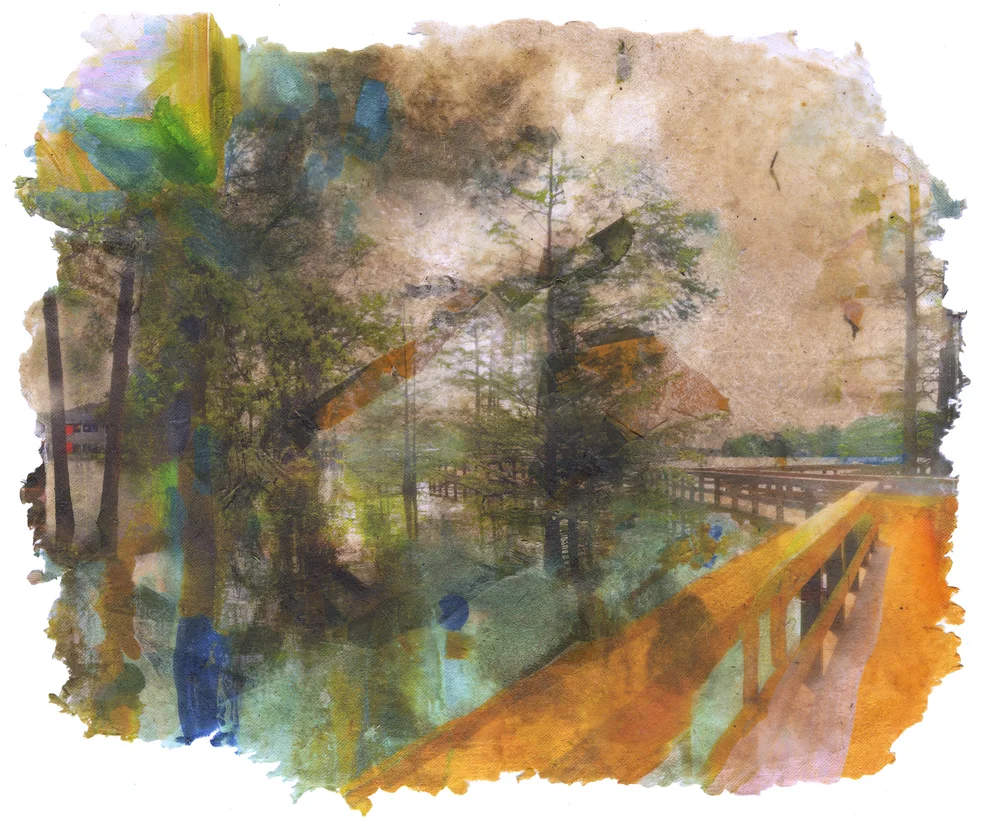 To Walk Above The Water, 2019, Pigment print on handmade paper (cotton, mulberry, hibiscus, medicinal herbs, and cotton fabric) and encaustic , 26 x 22 inches