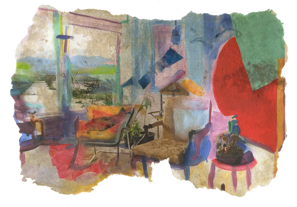 Sanctuary Chairs, 2019, Pigment print on handmade paper (cotton, mulberry, hibiscus, medicinal herbs, and cotton fabric) and encaustic, 15 1/2 x 22 1/2 inches