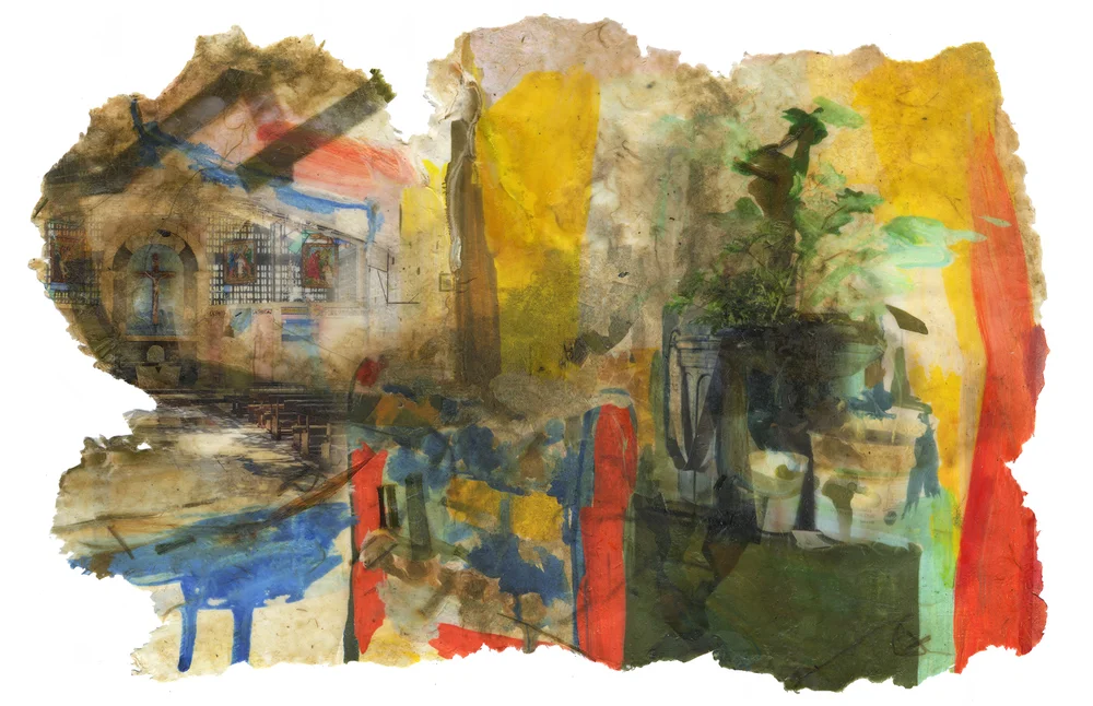 A Hope for Healing, 2019, Pigment print on handmade paper (cotton, mulberry, hibiscus, medicinal herbs, and cotton cloth), encaustic, and gouache paint, 29 x 18 1/2