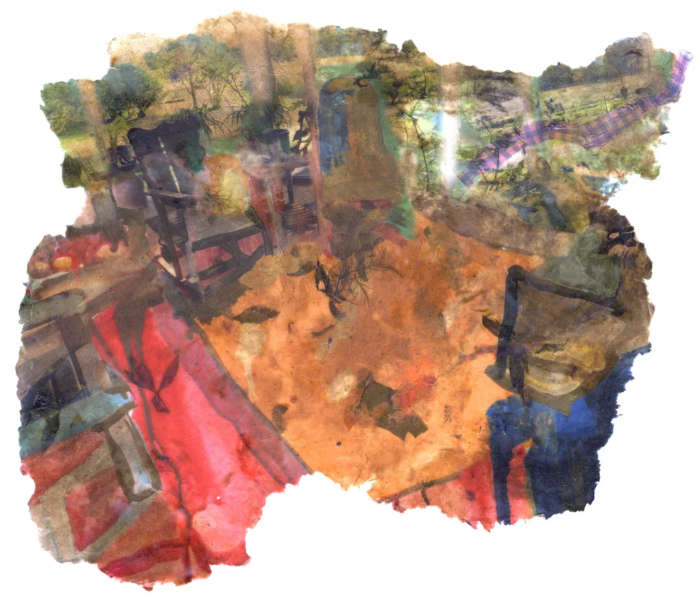 She Took What She Could Carry, 2019, Pigment print on handmade paper (cotton, mulberry, hibiscus, medicinal herbs, and cotton fabric) and encaustic, 32 x 26 1/2 inches