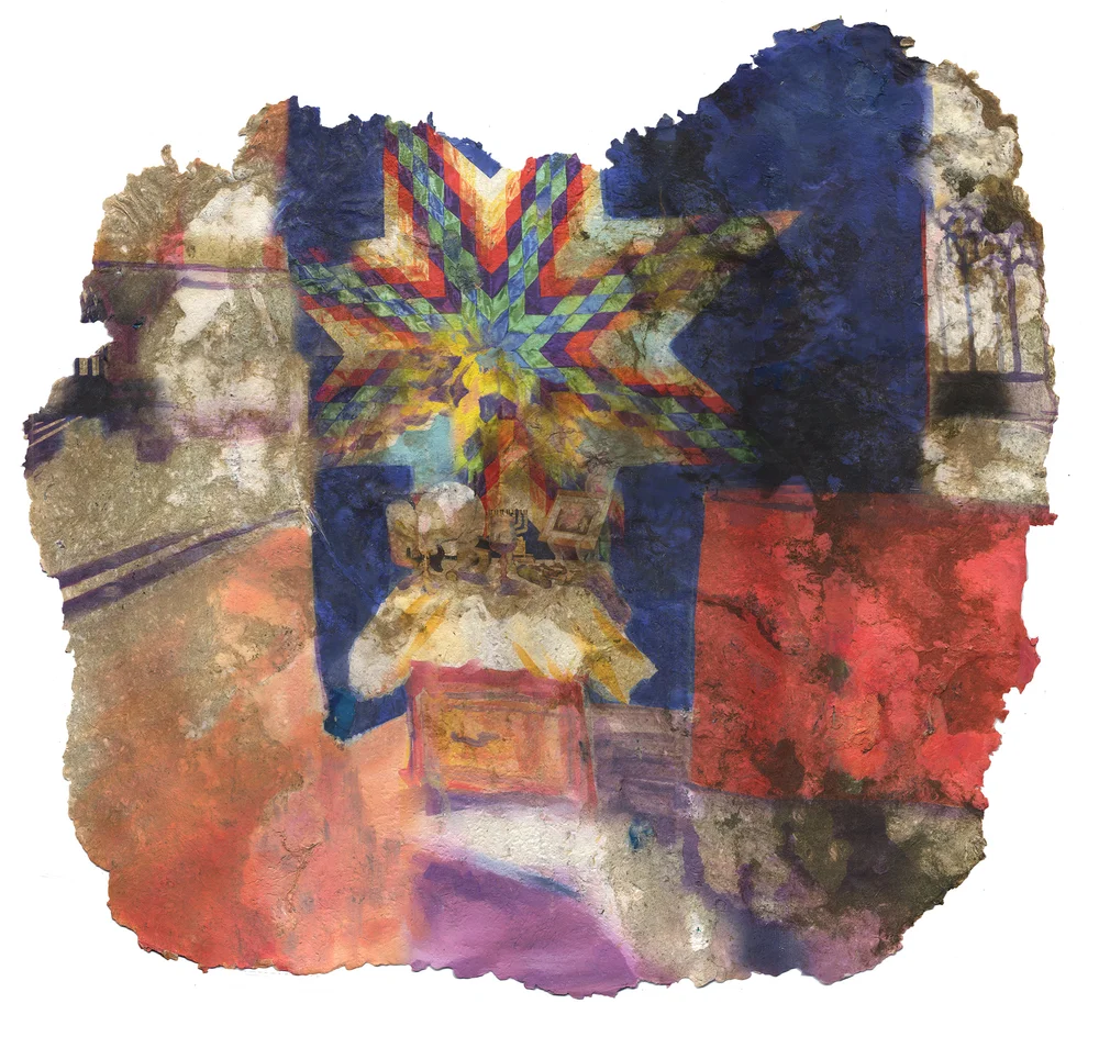 Relief From Sorrow (star) , 2019, Pigment print on handmade paper (cotton, mulberry, hibiscus, medicinal herbs, and cotton fabric , 42 x 39 inches