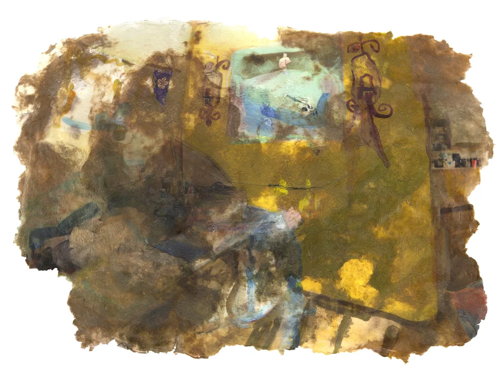 Fever (yellow room), 2019, Pigment print on handmade paper (cotton, mulberry, hibiscus, medicinal herbs, and cotton fabric) and encaustic, 41 x 27 inches