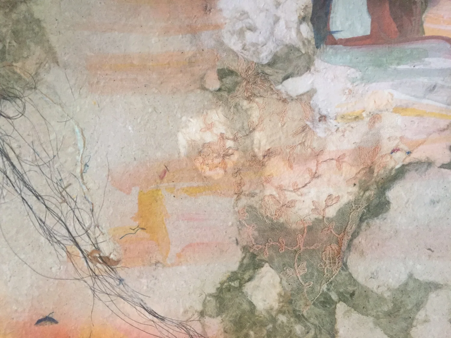 Details from Get High, 2019, Pigment print on handmade paper (cotton, mulberry, hibiscus, medicinal herbs, horse hair, antique lace and cotton fabric), 55 x 42 inches