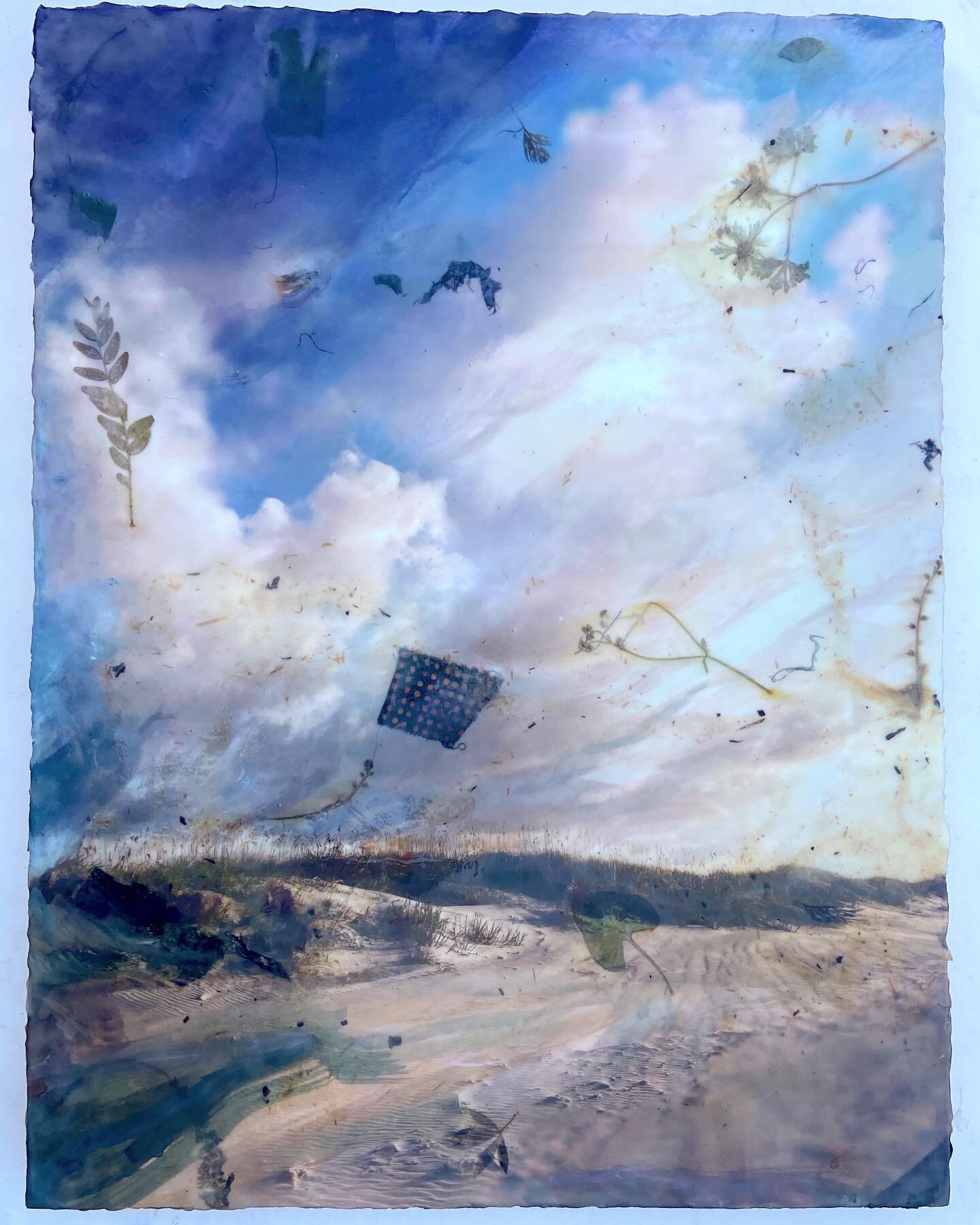 Two photos of the same work I shared the other day. The first is the completed work with encaustic photographed with morning daylight. The second is the piece before I added the encaustic photographed inside with lamp lighting. 
The encaustic- which