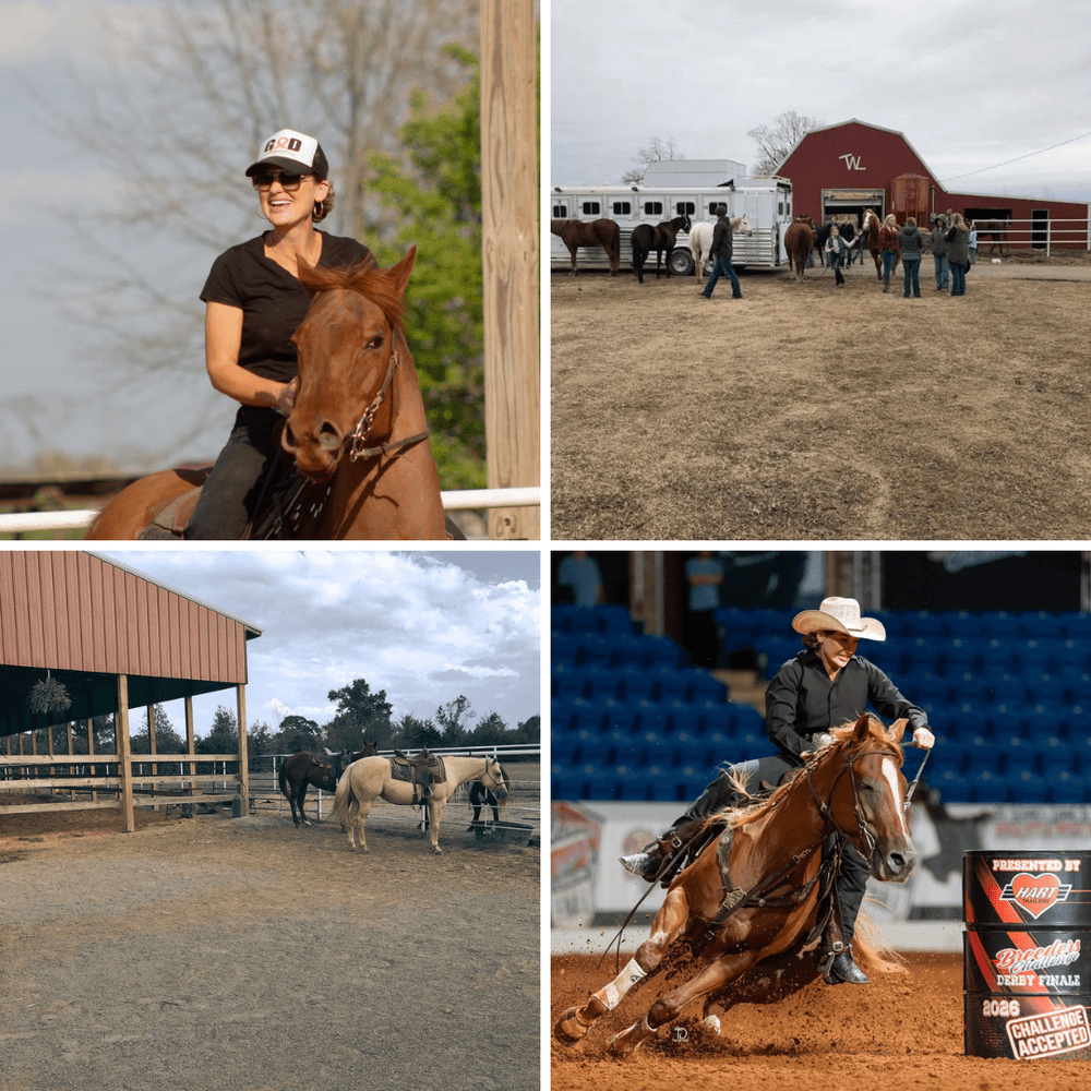 Lily riding at Wofford Ranch, riders and horses outside the red Wofford Ranch barn, saddled horses by the covered arena, and a barrel racing run in the arena