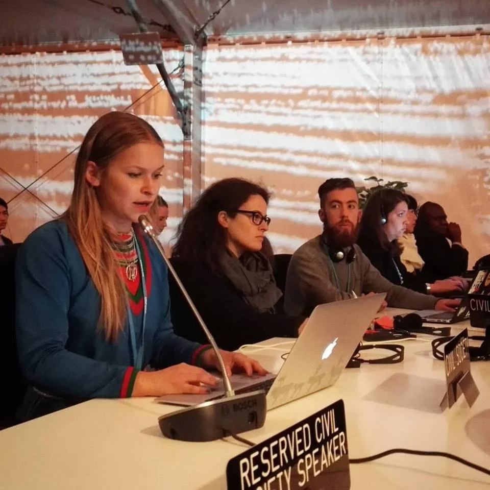 Jannie Staffansson reads the Indigenous Peoples Caucus statement at the APA session of COP22 in Marrakech, Morocco, November 7, 2016 