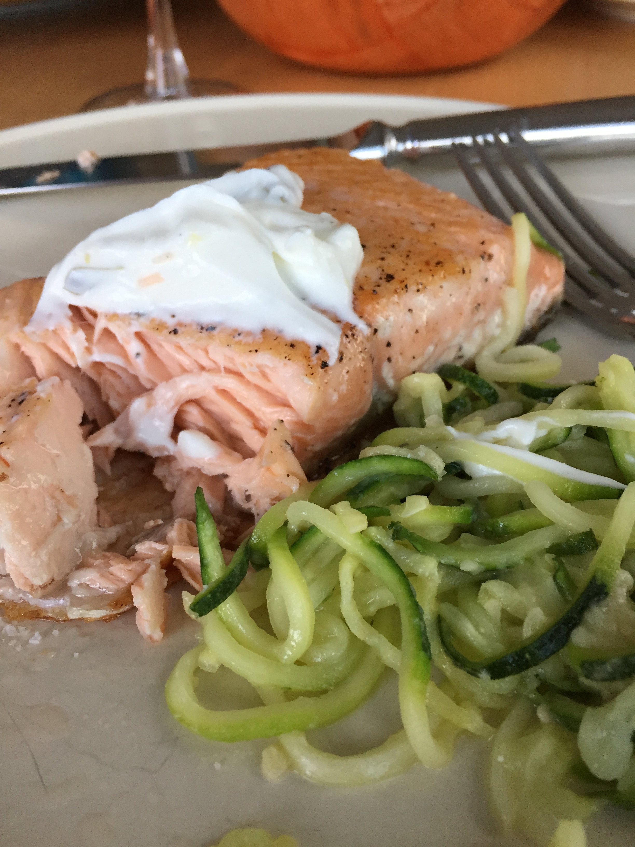 slow cooked salmon with zucchini spirals