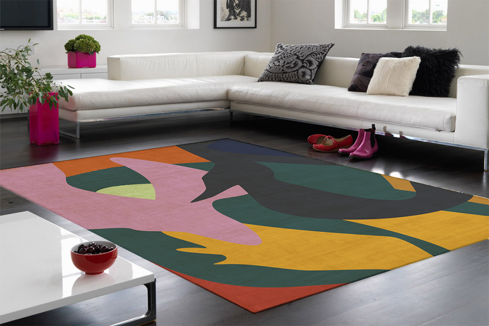 P aul Gauguin's ' Fatata te Miti' (By the Sea) inspired residential rug design. Digitally overlaid on an image of a living room.