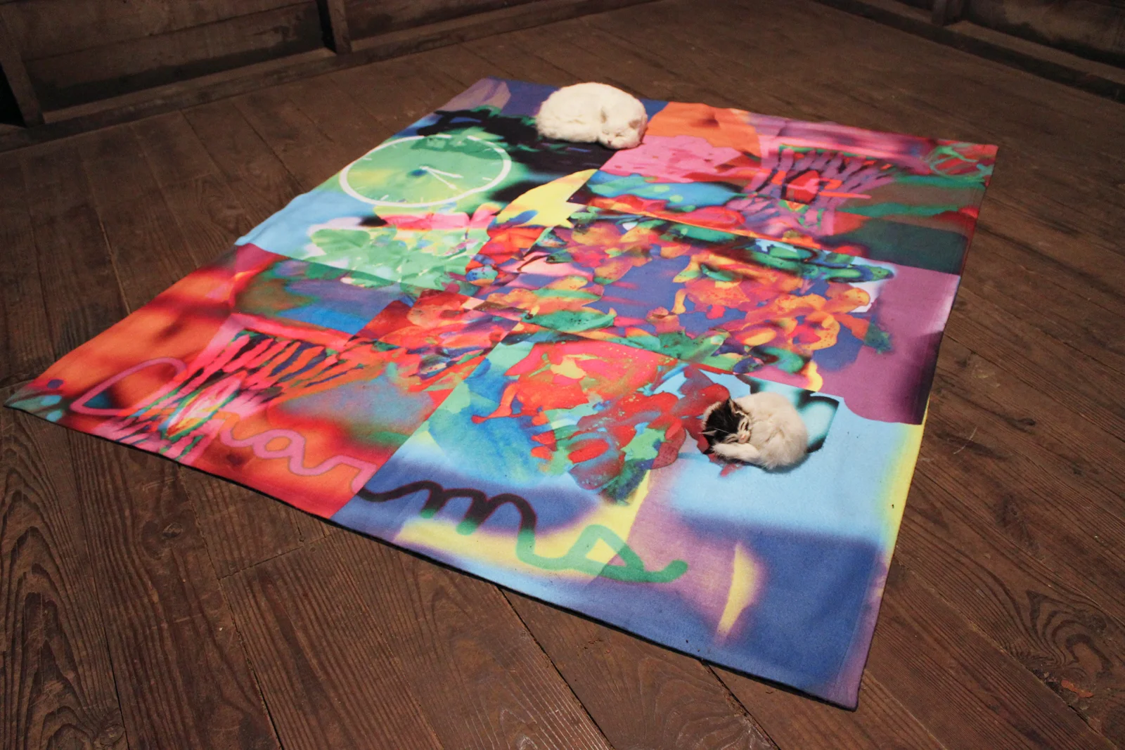 Jennifer Sullivan, Mature Charms , Digital print on fleece blanket with faux taxidermied cats, 2015