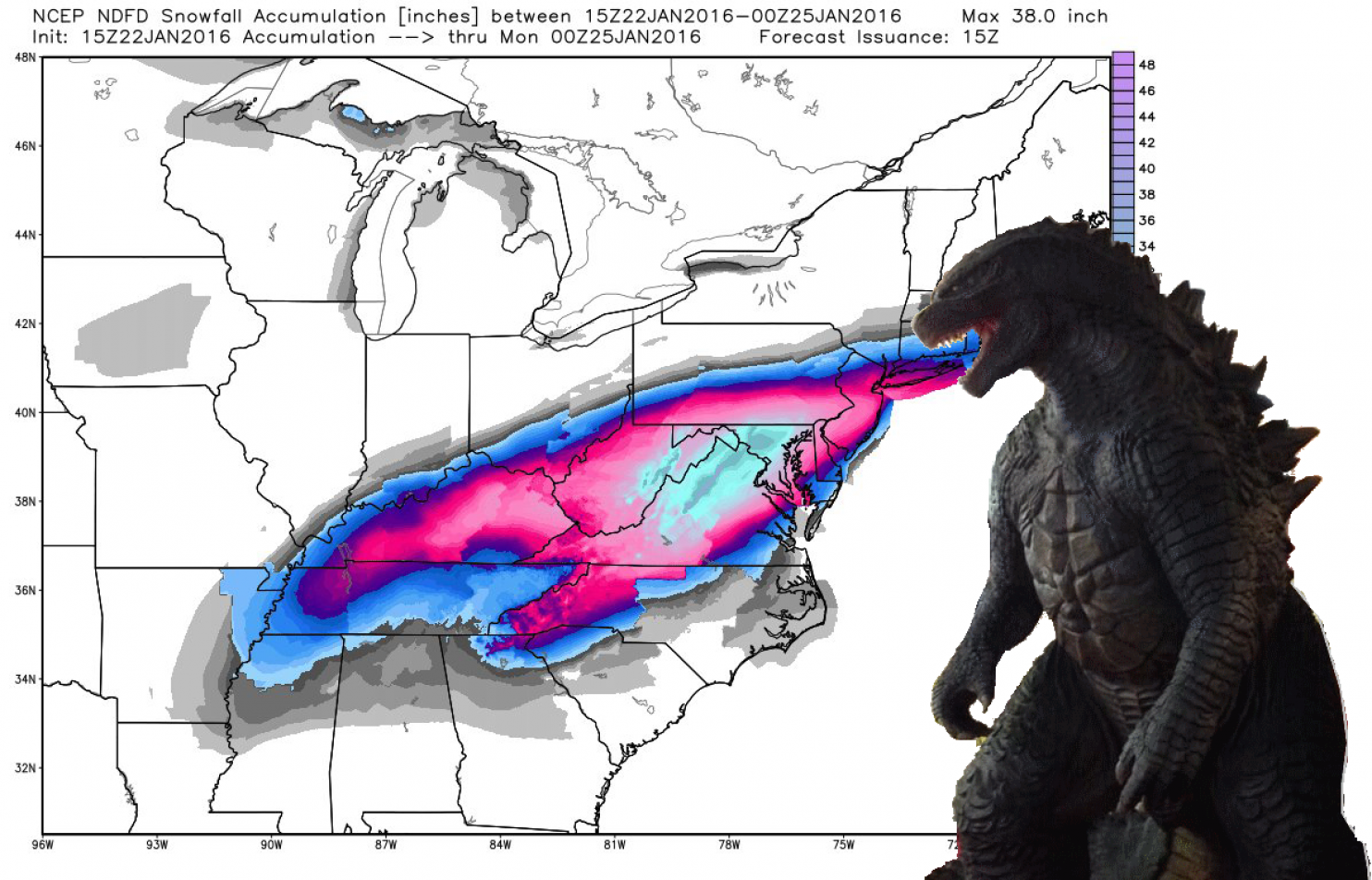 "Snowzilla" Image courtesy of weatherbell, modified by Washington Post's Capital Weather Gang .