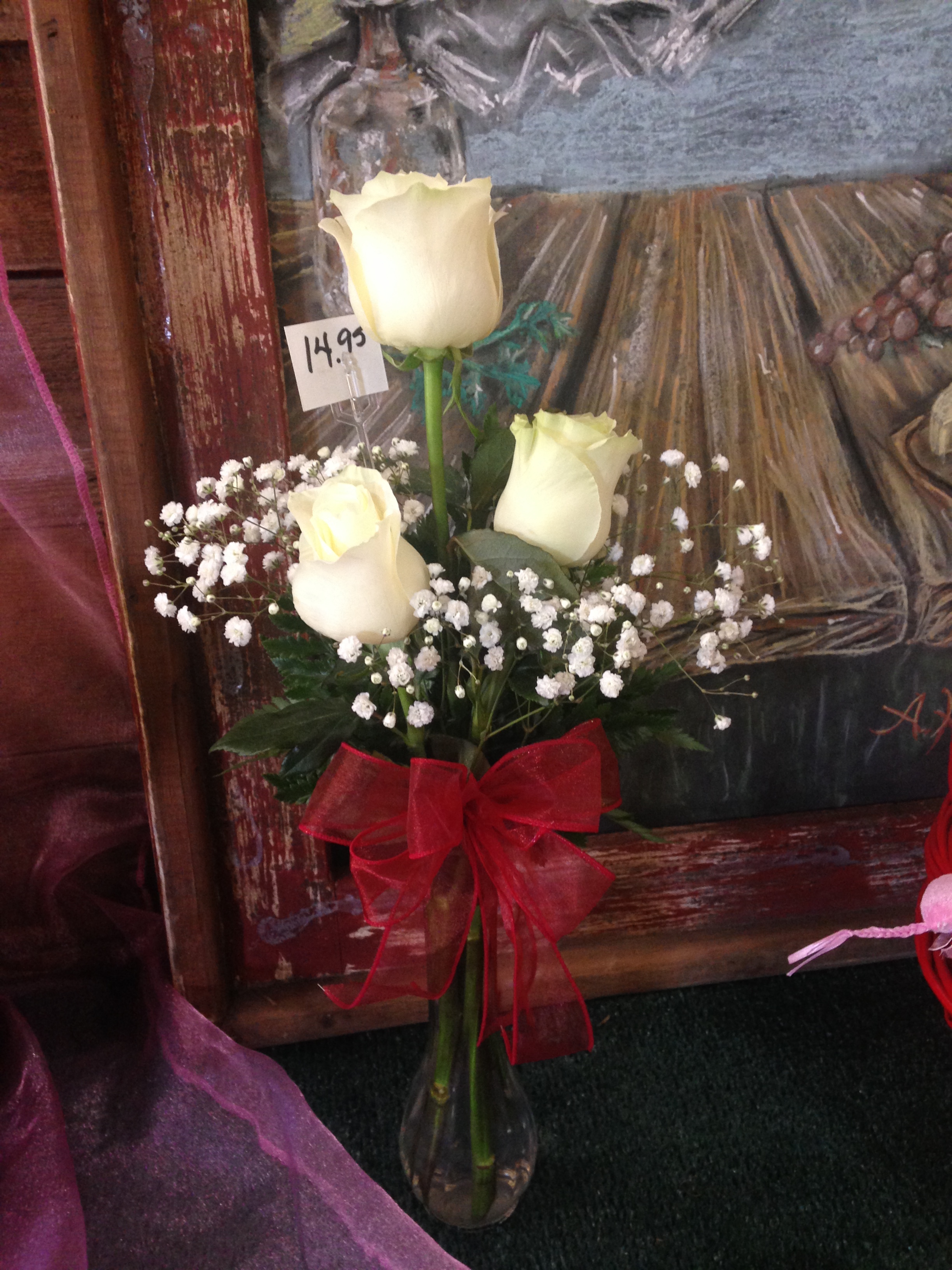 3 Roses with Greenery and Ribbon in Vase