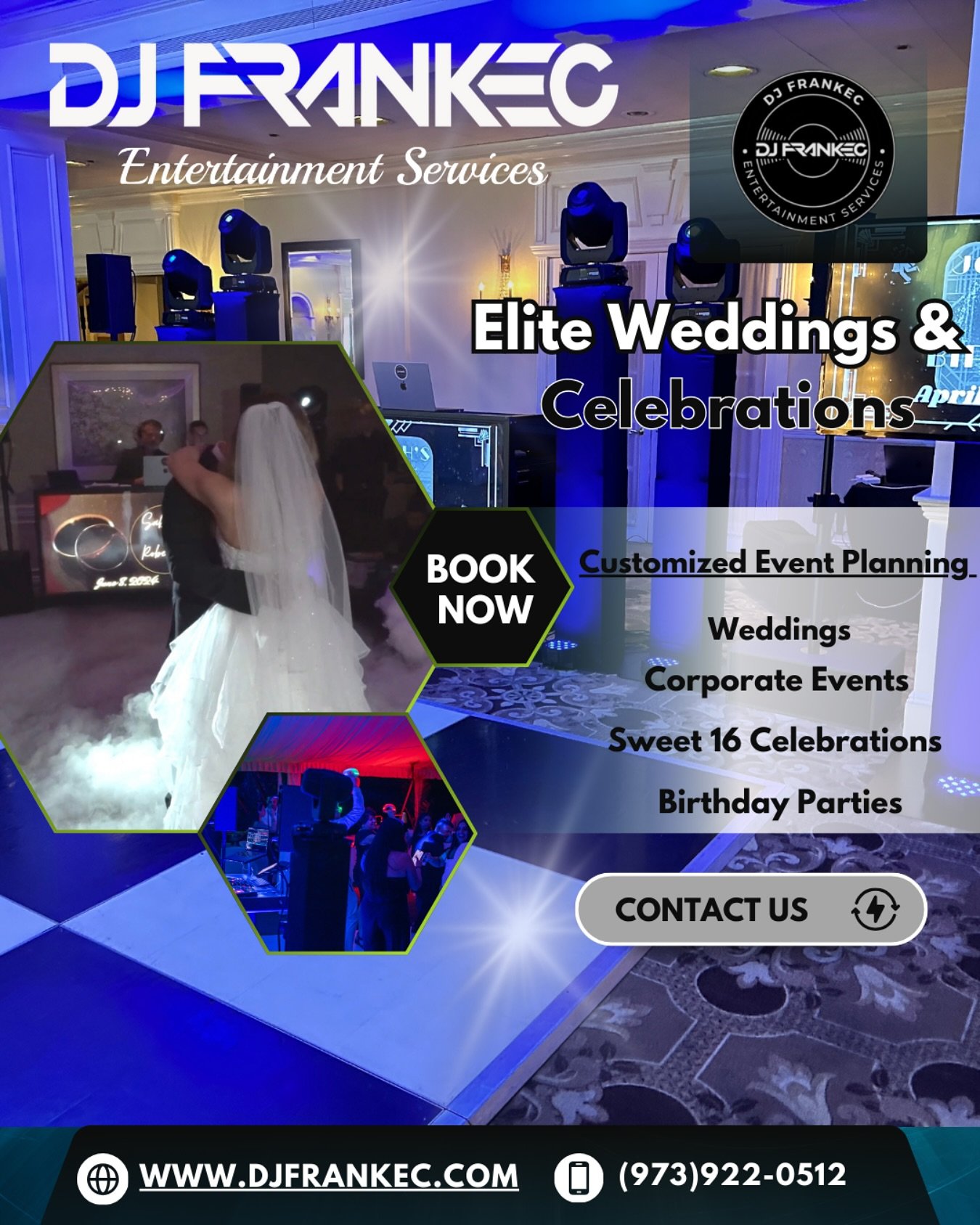 Looking to turn your event into an unforgettable celebration?
DJ FrankEC Entertainment Services has you covered! From elegant weddings to high-energy Sweet 16s and corporate events, we bring the sound, lighting, and vibe that your party deserves.
Cu