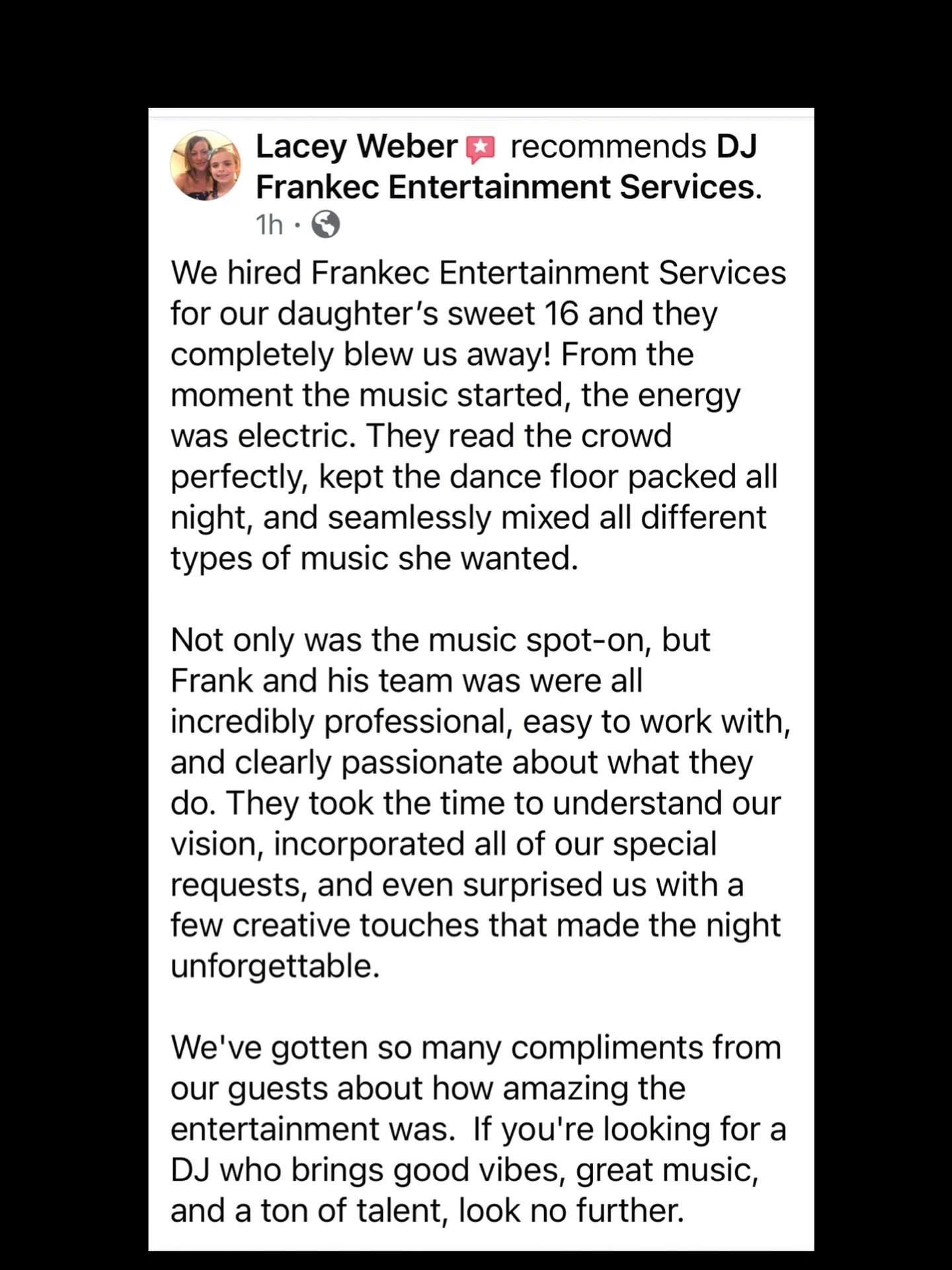 โจClient Love!โจ
We were honored to be part of this unforgettable Sweet 16 celebration! ๐๐
From the packed dance floor to the customized music mix, DJ FrankEC Entertainment Services brought the energy, passion, and vibes that made the night truly mag