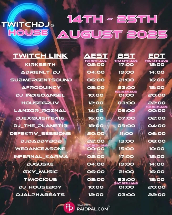 Busy week behind the decks. Private event this past Sunday.
Making my debut on @twitchdjs House Raid Train tonight 8pm est ๐บ๐ธ Super excited to bring the ๐ฅ on @twitchdjslive
Stream on @phatsoundzradiouk tomorrow 5-7pm est ๐บ๐ธ
Private Events