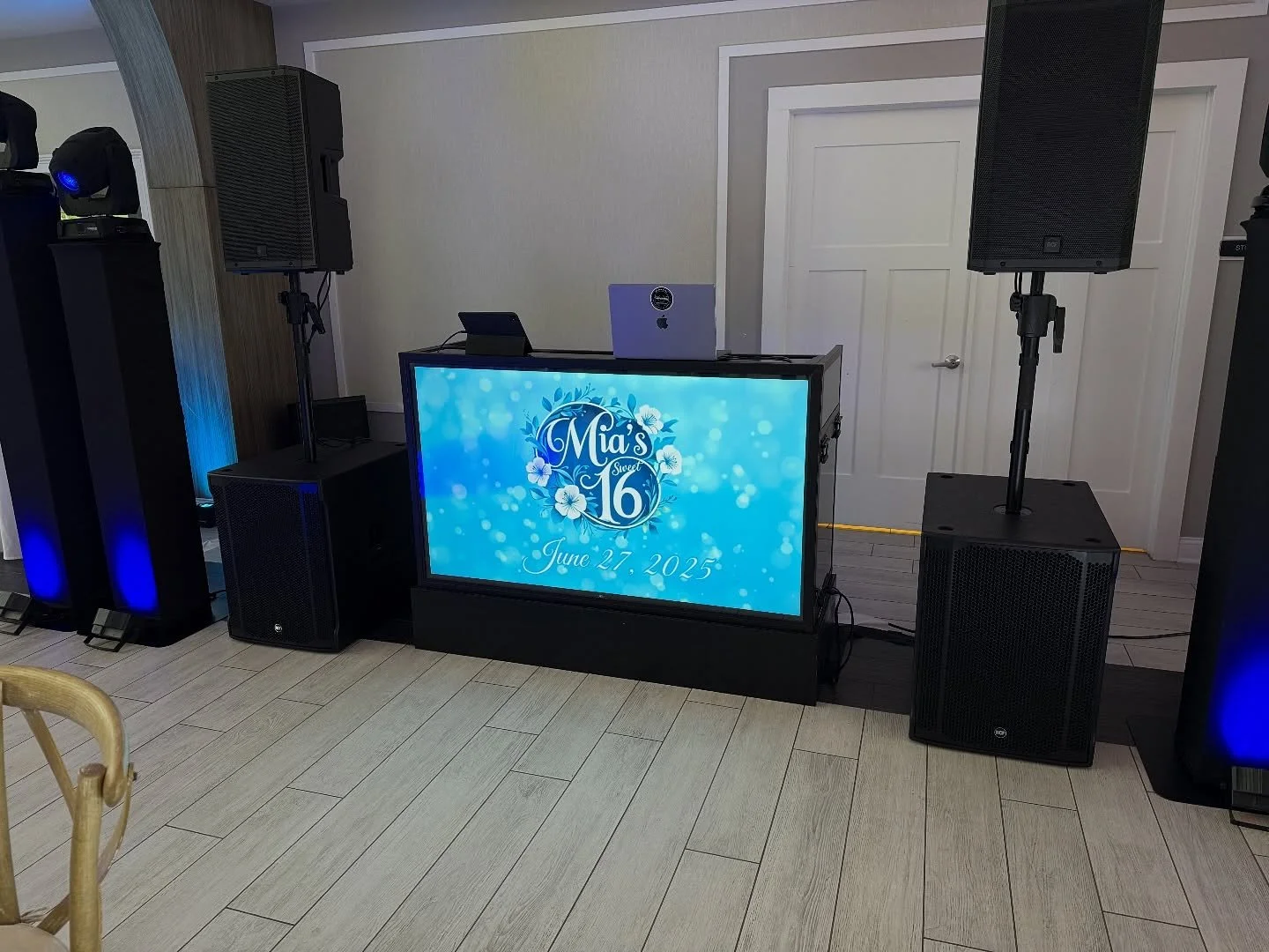 Add our elegant TV/DJ booth to your celebration package. Perfect for displaying monograms, photos, videos, slideshows or anything you can dream up. 
This booth comes as part of our Ever After & Velvet Vows Wedding Packages as well as Ultimate Ce