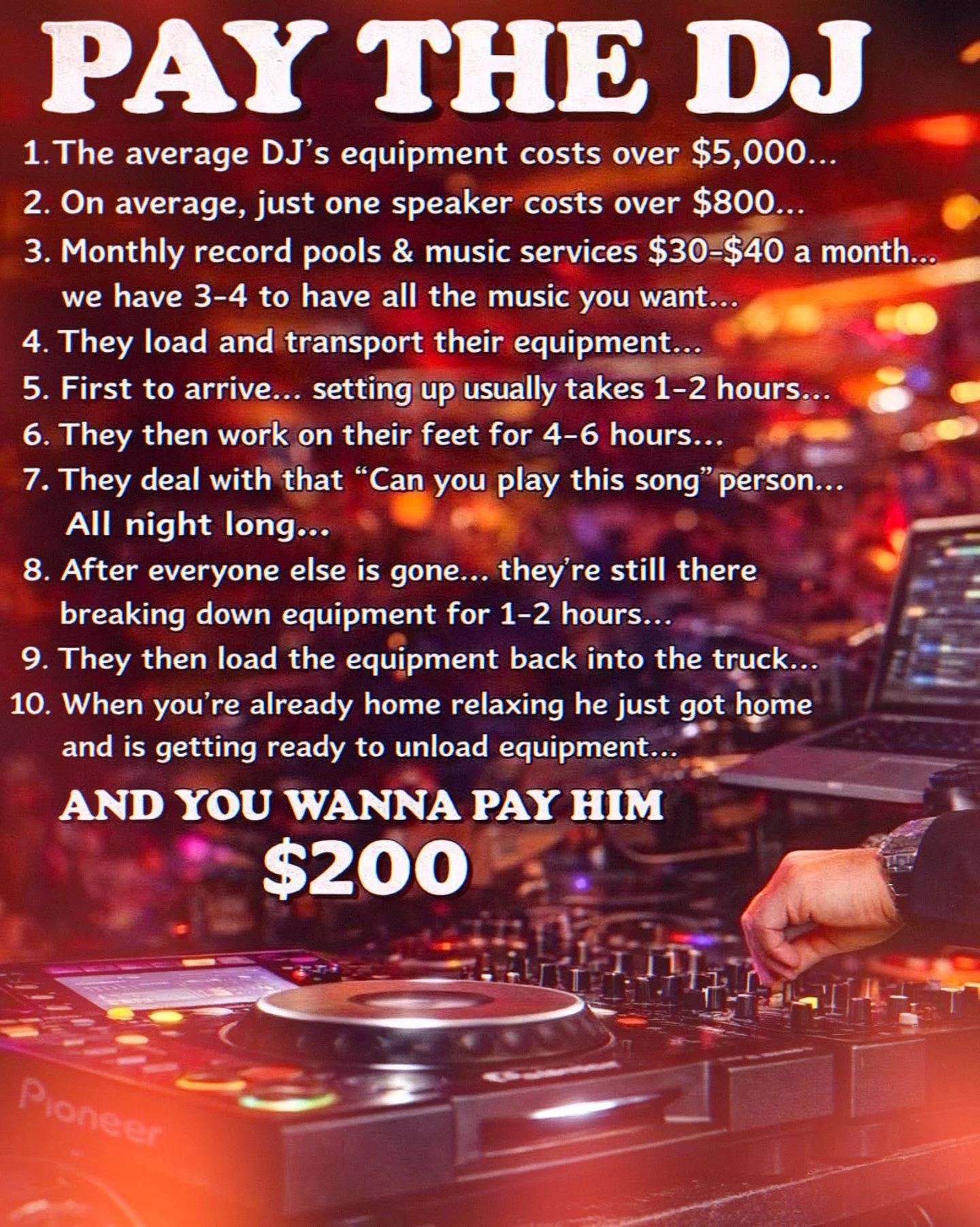 💡 Ever wonder what really goes into hiring a PROFESSIONAL DJ?

It&rsquo;s not just pressing play. It&rsquo;s premium equipment, expert planning, early arrival, full setup, nonstop performance, and late-night breakdown &mdash; all so YOUR event runs 