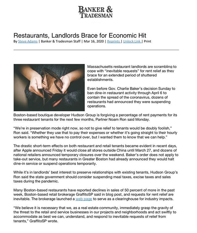 From Banker &amp; Tradesman: Massachusetts restaurant landlords are scrambling to cope with &ldquo;inevitable requests&rdquo; for rent relief as they brace for an extended period of shuttered establishments.

Even before Gov. Charlie Baker&rsquo;s de