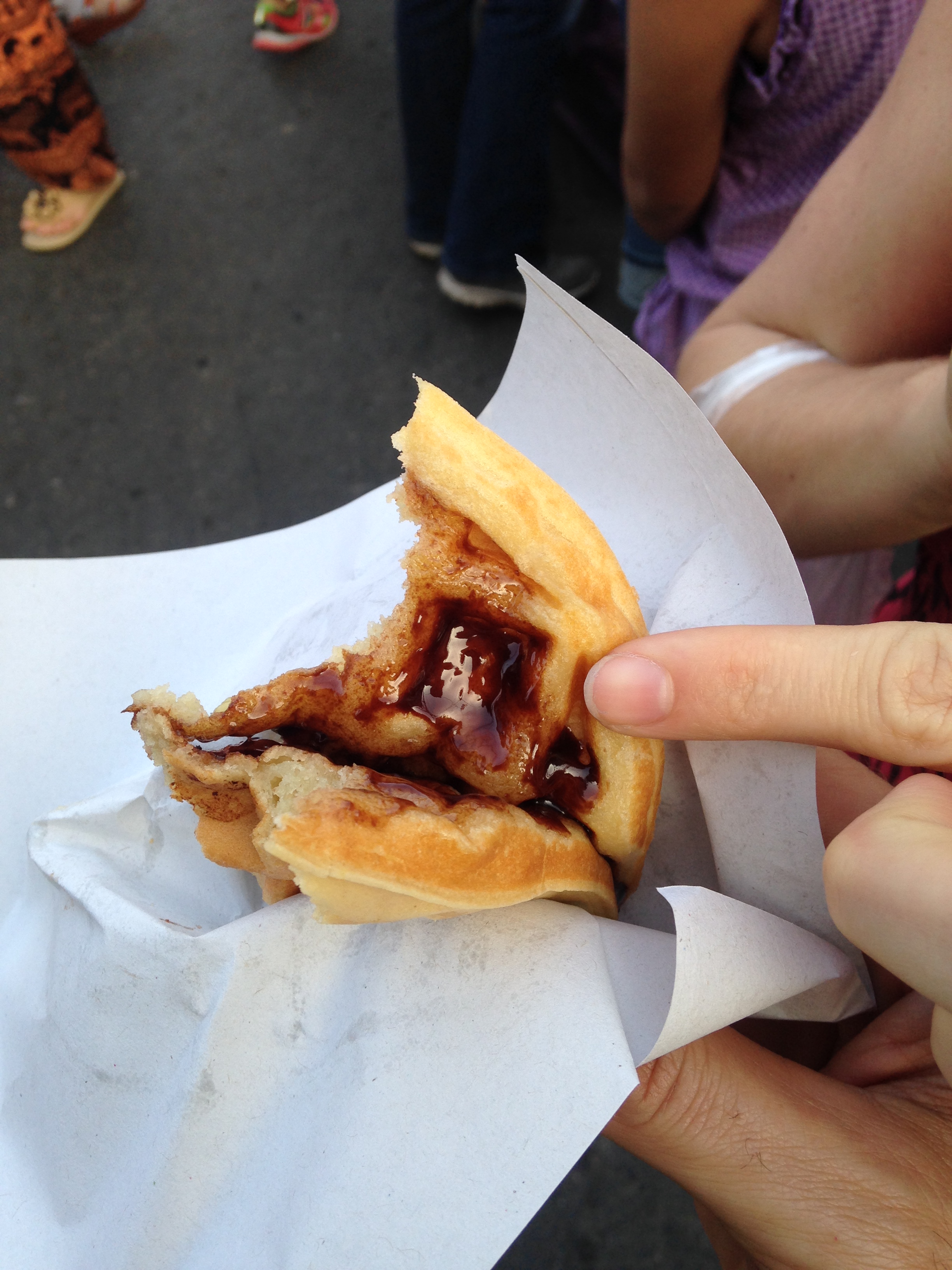 Warm banana waffle with chocolate sauce