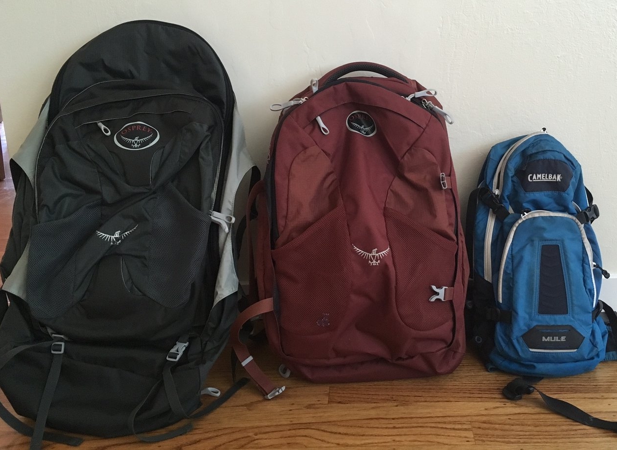 Jeffs 55L with attached day pack, my 40L, and the Camelbak. We packed our big bags, then transferred everything to the provided duffel bags for the porters before departure. We carried the Camelbak and day pack as is.